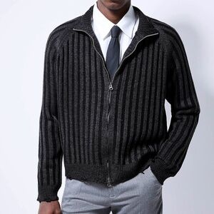 Ohniw (sold by Simons) black and gray ribs two-way zipped cardigan NWT